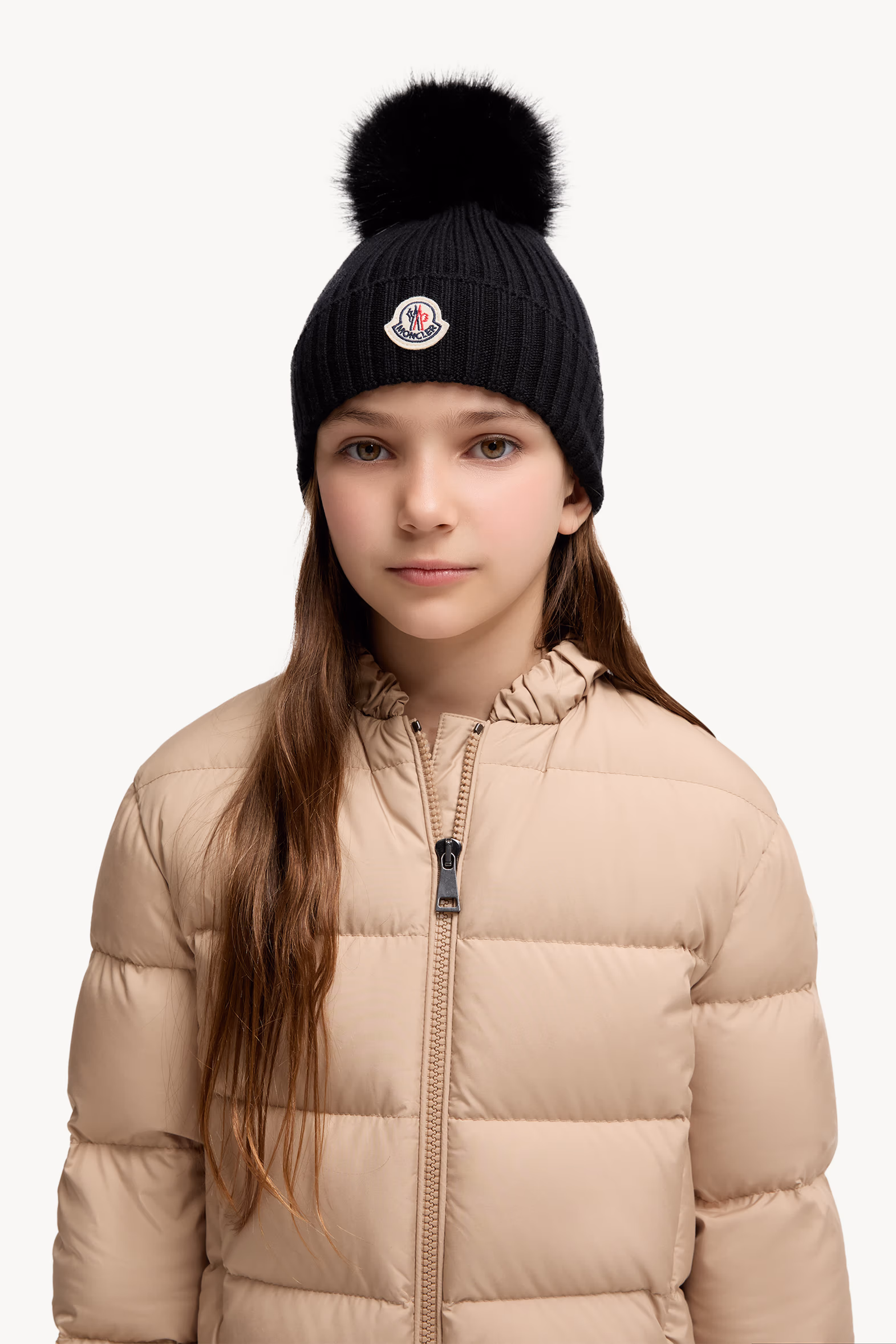 Wool Beanie with Faux Fur Pom Pom Girl Black Moncler 2